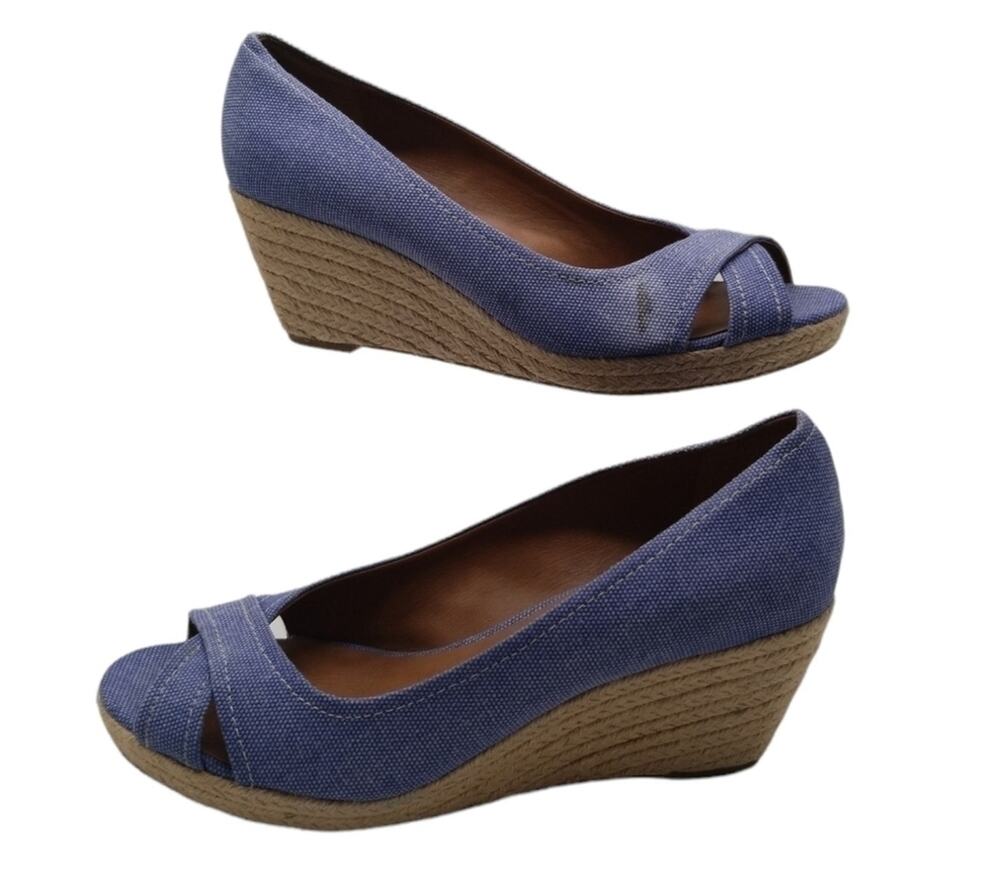 Franco Sarto WMS SZ 9.5 Wedge Espadrille Denim Slip On Peep Toe FLAWED 3" Heel